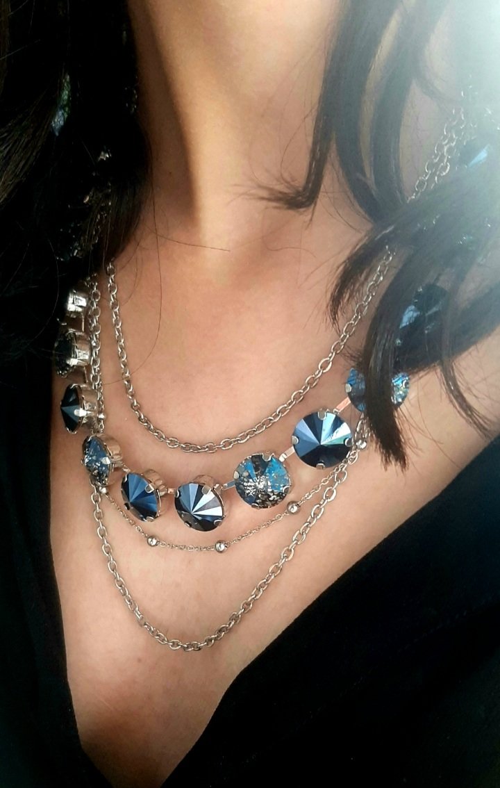 Metallic Blue Crystal Necklace with Layering Stainless Steel Chains