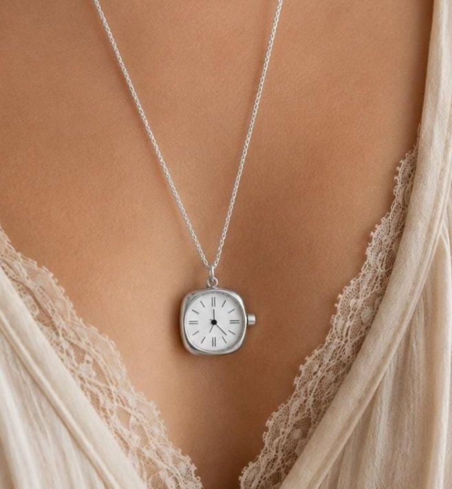 Watch Charm Pendant | Stainless Steel Long Chain Clock Necklace