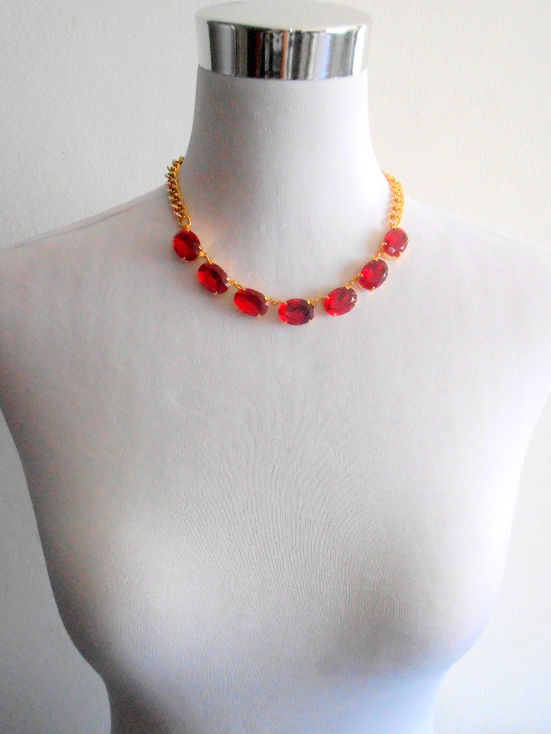 Red Collet Rhinestone Necklace, Crystal Choker, Anna Wintour, Gold Jewelry, 13x18mm Oval, Mother's day gift