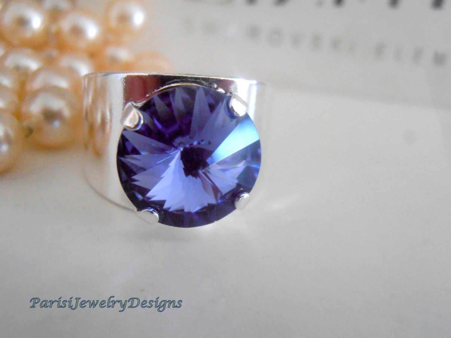 Tanzanite Rivoli Band Ring / Blue Crystal 12mm / Blue Crystal 1122/ Metal Cuff Ring / Coctail Jewelry / Birthday gift