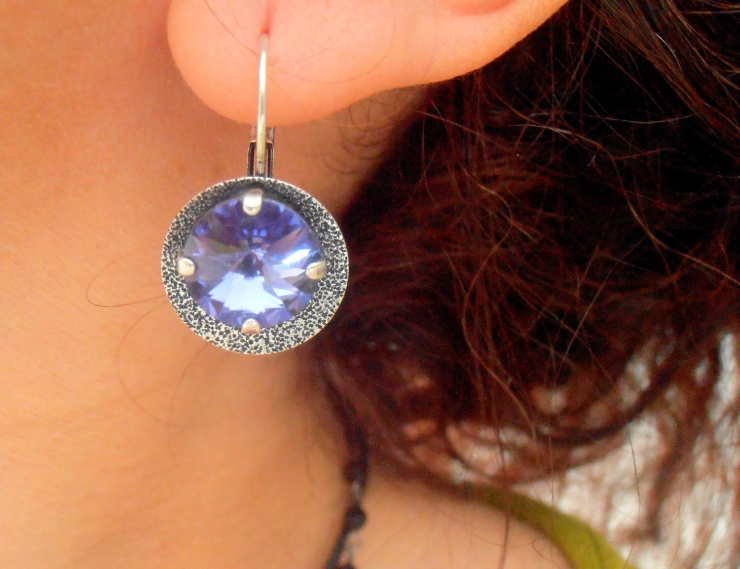 Tanzanite Blue Rivoli Earrings / Hammered Statement Drops / Rivoli Disc Earrings / Dangle Drop / Antique Silver