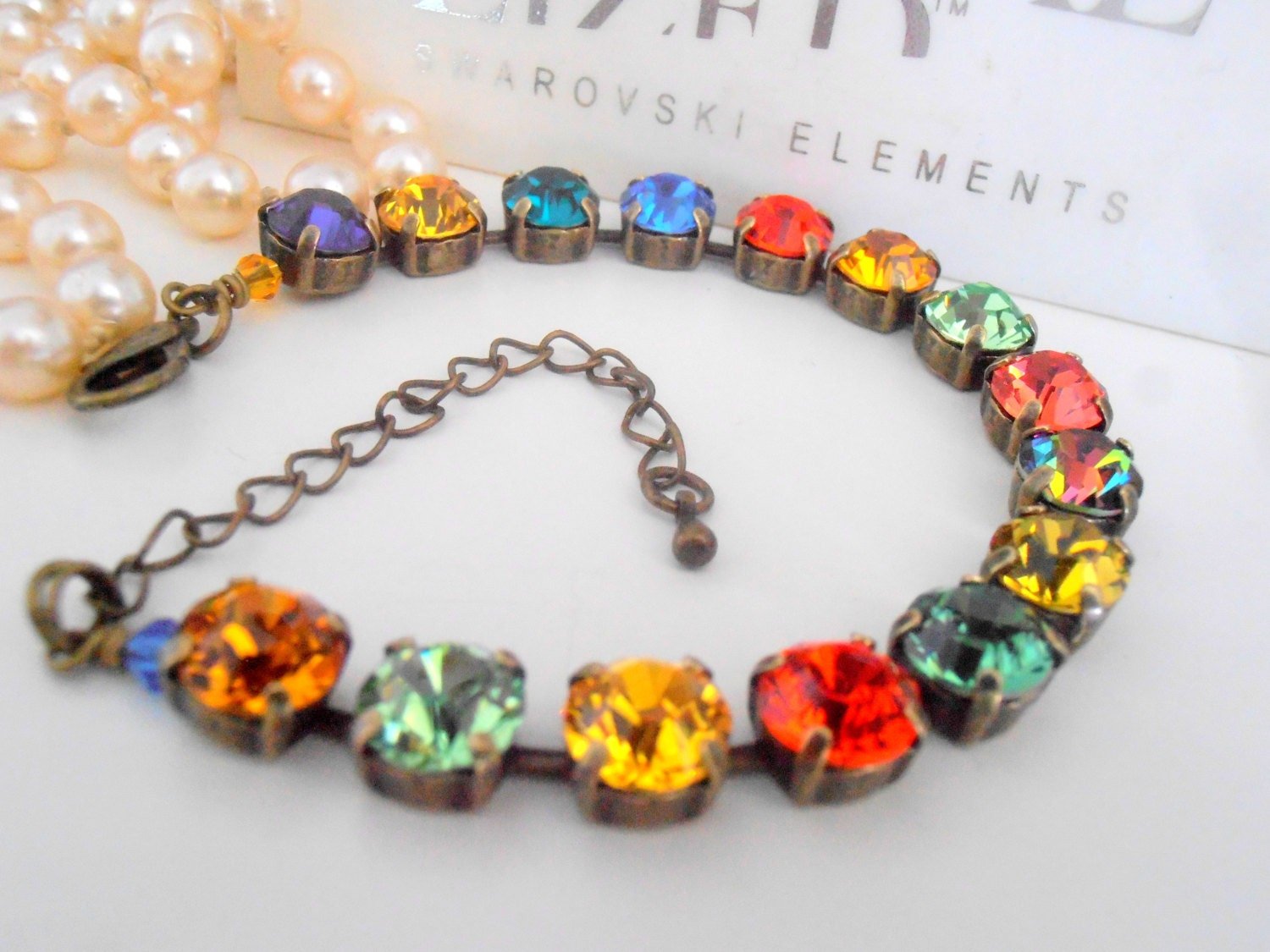 Vintage Multi-color Tennis Crystal Bracelet, Antique Bronze Colorful Jewelry, Birthday Gift for Women, Christmas Holiday