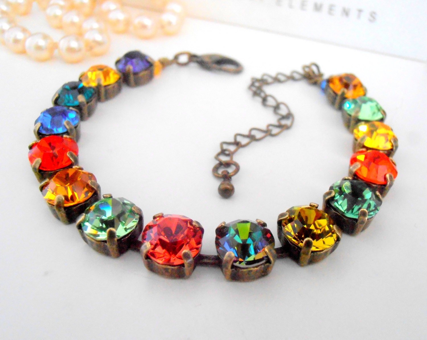 Vintage Multi-color Tennis Crystal Bracelet, Antique Bronze Colorful Jewelry, Birthday Gift for Women, Christmas Holiday