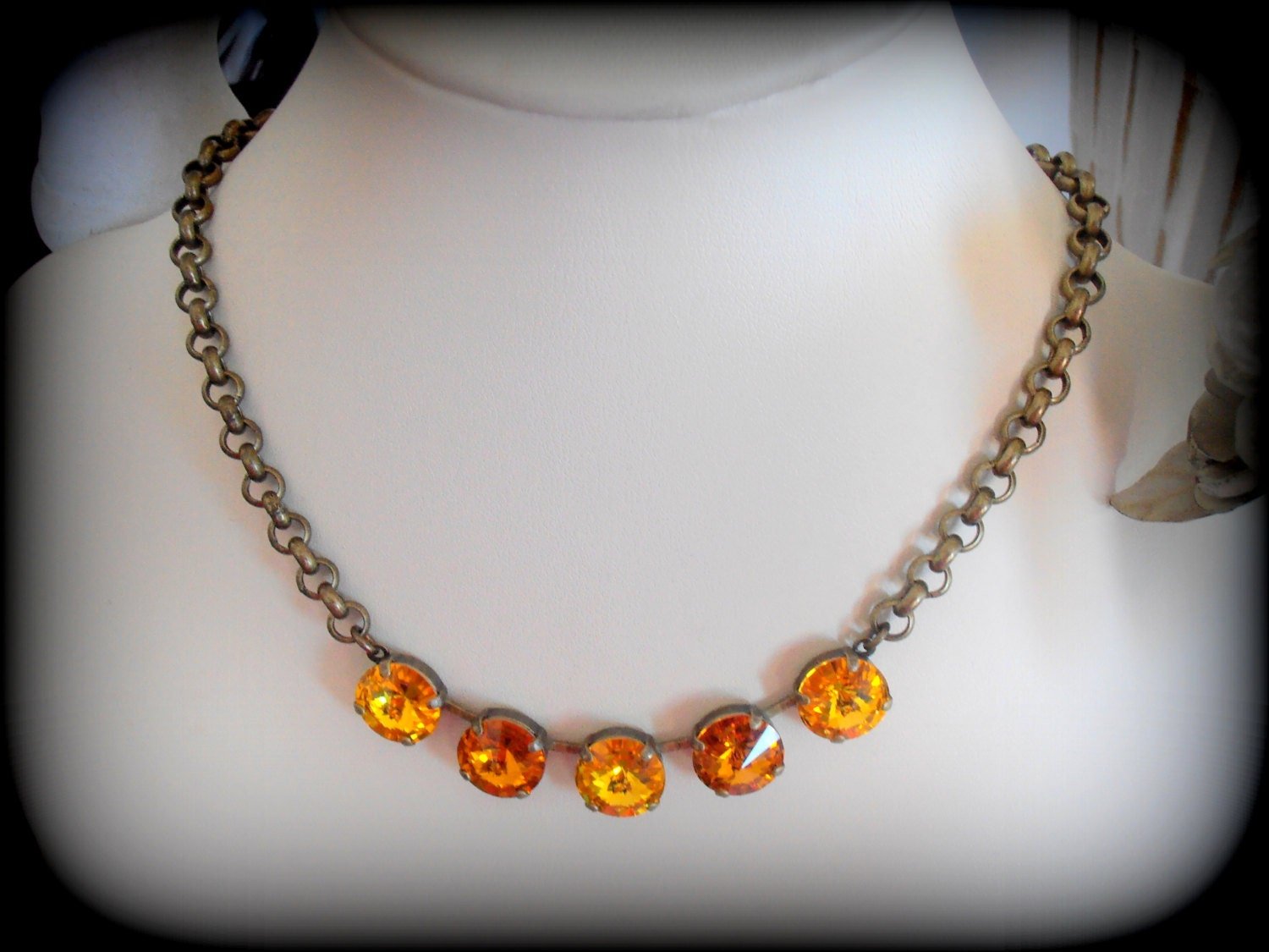 Topaz Rivoli Necklace, Crystal Tennis Choker, Antique Bronze Jewelry, Anna Wintour, Cup chain, Thick Rolo Chain 