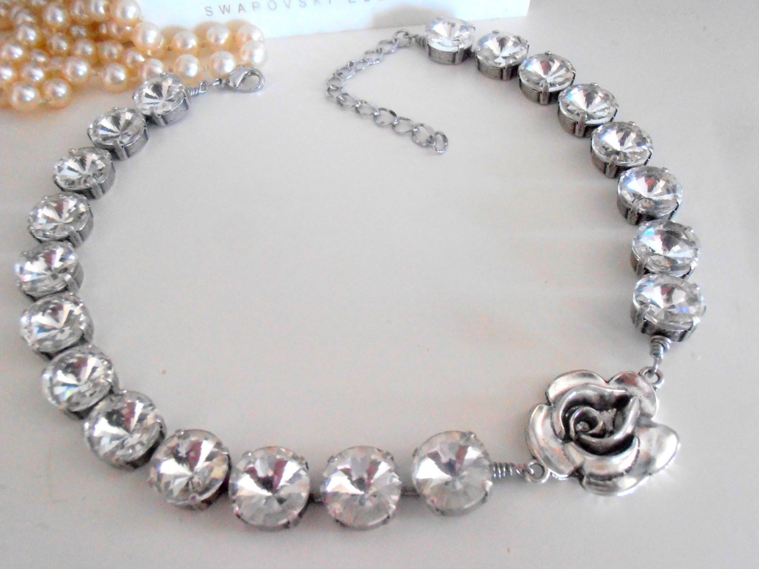 Rose Bud Rivoli Choker Necklace, Cupchain Collet, Bridal Statement Collet in Antique Silver, Anna Wintour