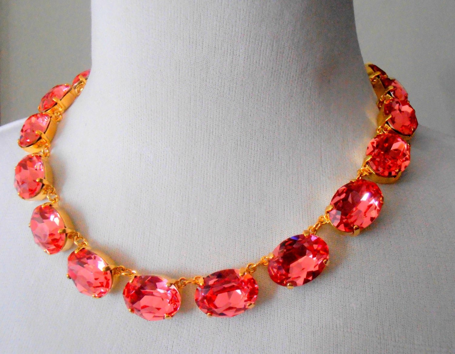 Peach Rose Collet Necklace, Crystal Choker, Oval Cabochon Crystal Necklace, 14K Gold Plated, Gift