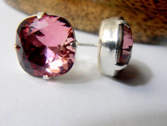 Antique Pink Cushion Cut Earrings / Pierced Studs /  12mm  Silver Post Setting / Shabby Chic / Fashion Trend