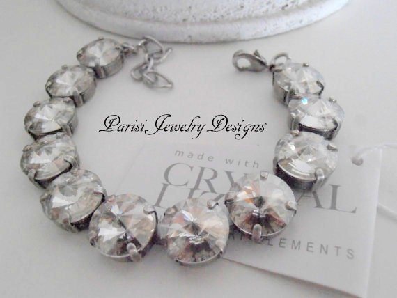 Silver Shade Wedding Bracelet with Rivoli Crystals 12mm, Bridal Tennis Cup chain, Antique Silver Jewelry, Birthday gift