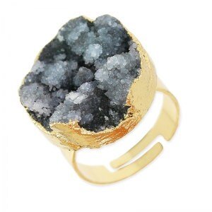 Black Agate Druzy Adjustable Ring •  Raw Gemstone Stone • Boho Statement Jewelry • Round Mineral Gem 20mm