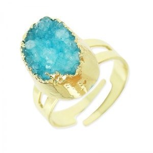 Raw Druzy Ring with Aqua Blue Agate Stone, Boho Adjustable Statement Ring | 16mm Round Gold Band, Mineral Bohemian Jewelry