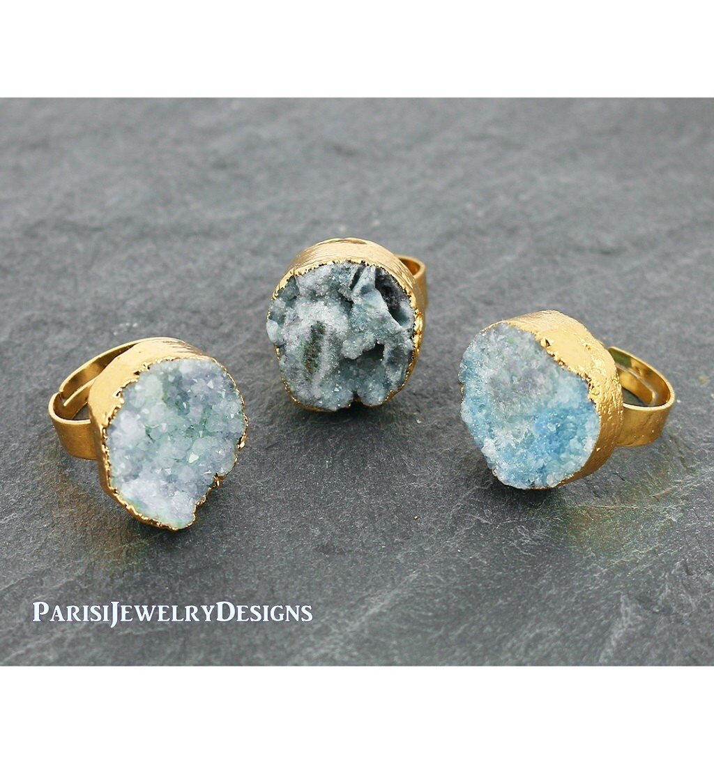 Raw Druzy Ring •  Pale Blue Agate Stone • Boho Rings • Statement Adjustable Ring • Natural Gemstone Mineral • Round 20mm Gold