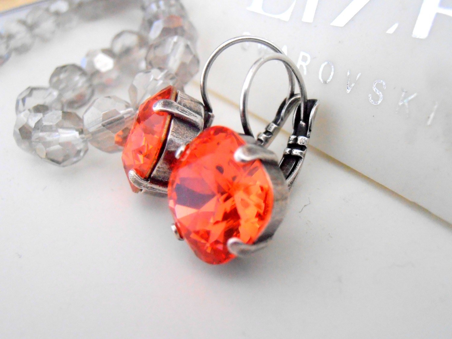 Padparadscha Cushion Cut Drop Earrings 12mm, Orange Crystals 4470, Antique Silver Jewelry, Anniversary Gift for her