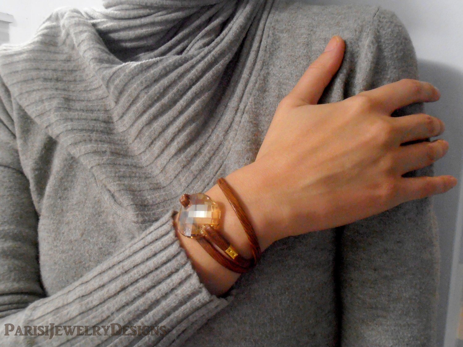 Brown Leather Double Wrap Cuff Bracelet | Statement Crystal Jewelry for Girls