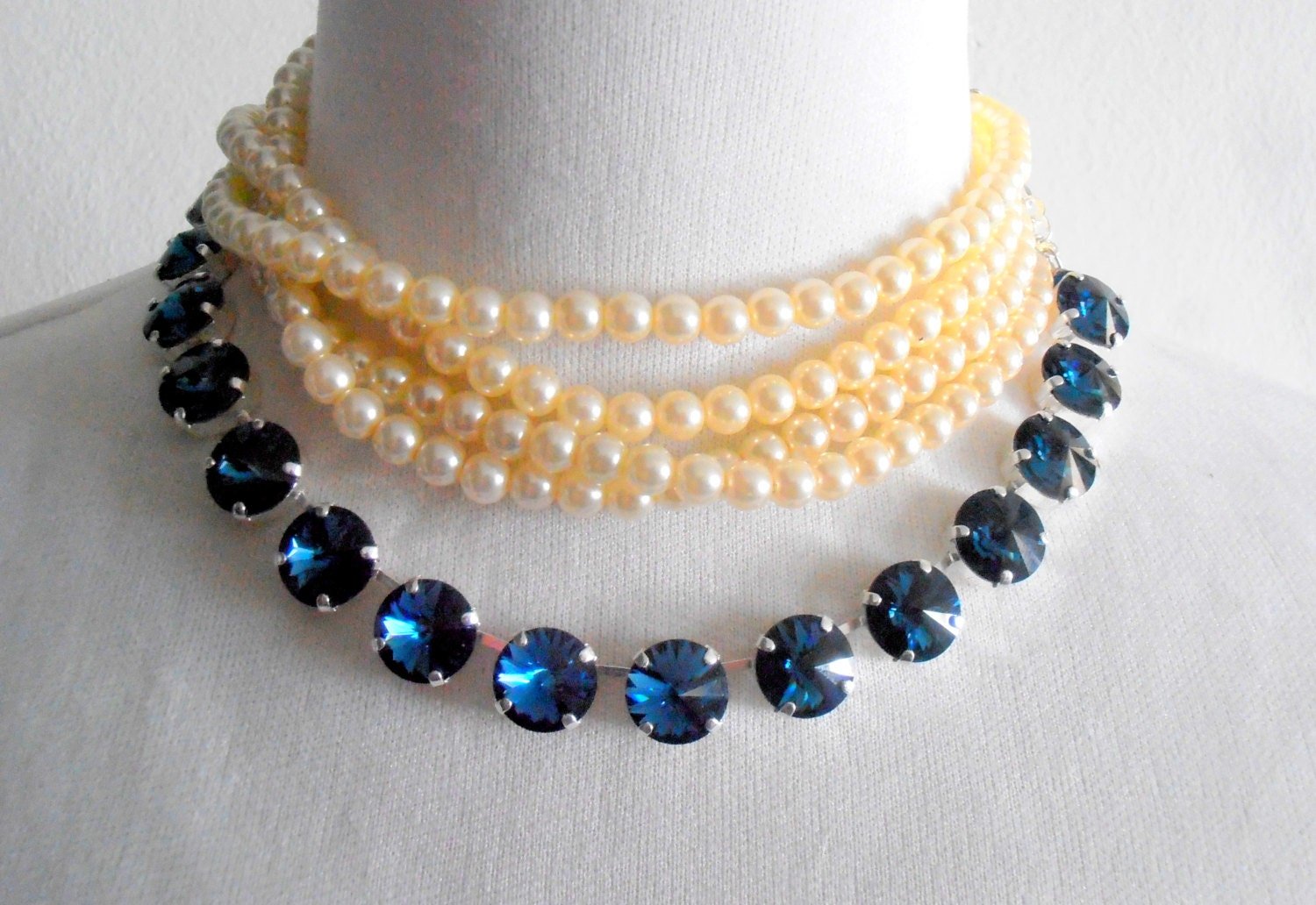 Blue Montana Rivoli Crystal Collet Necklace in Silver, Cup chain Choker, Long White Pearl Necklace, Wedding Day Bridal Jewelry