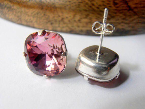 Antique Pink Cushion Cut Earrings / Pierced Studs /  12mm  Silver Post Setting / Shabby Chic / Fashion Trend