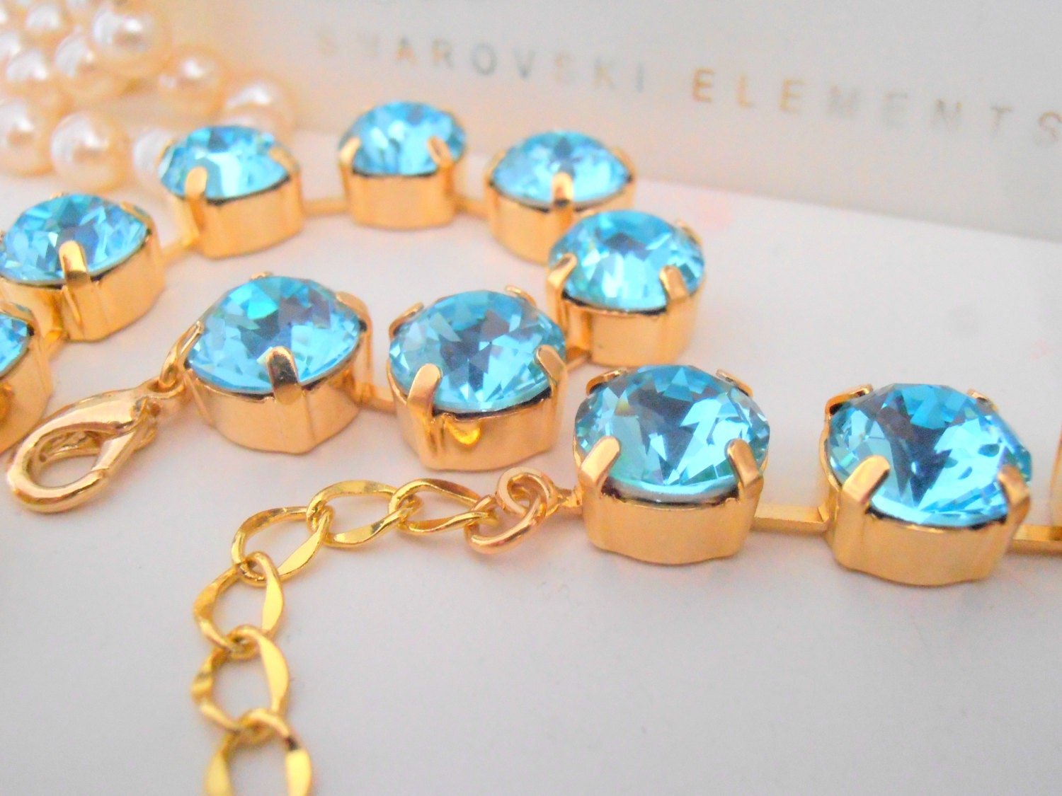 Aquamarine Gold Necklace with Crystal Chatons, Blue Crystal Choker, Tennis Gold Cup chain 10mm SS45, Christmas Gift For Her