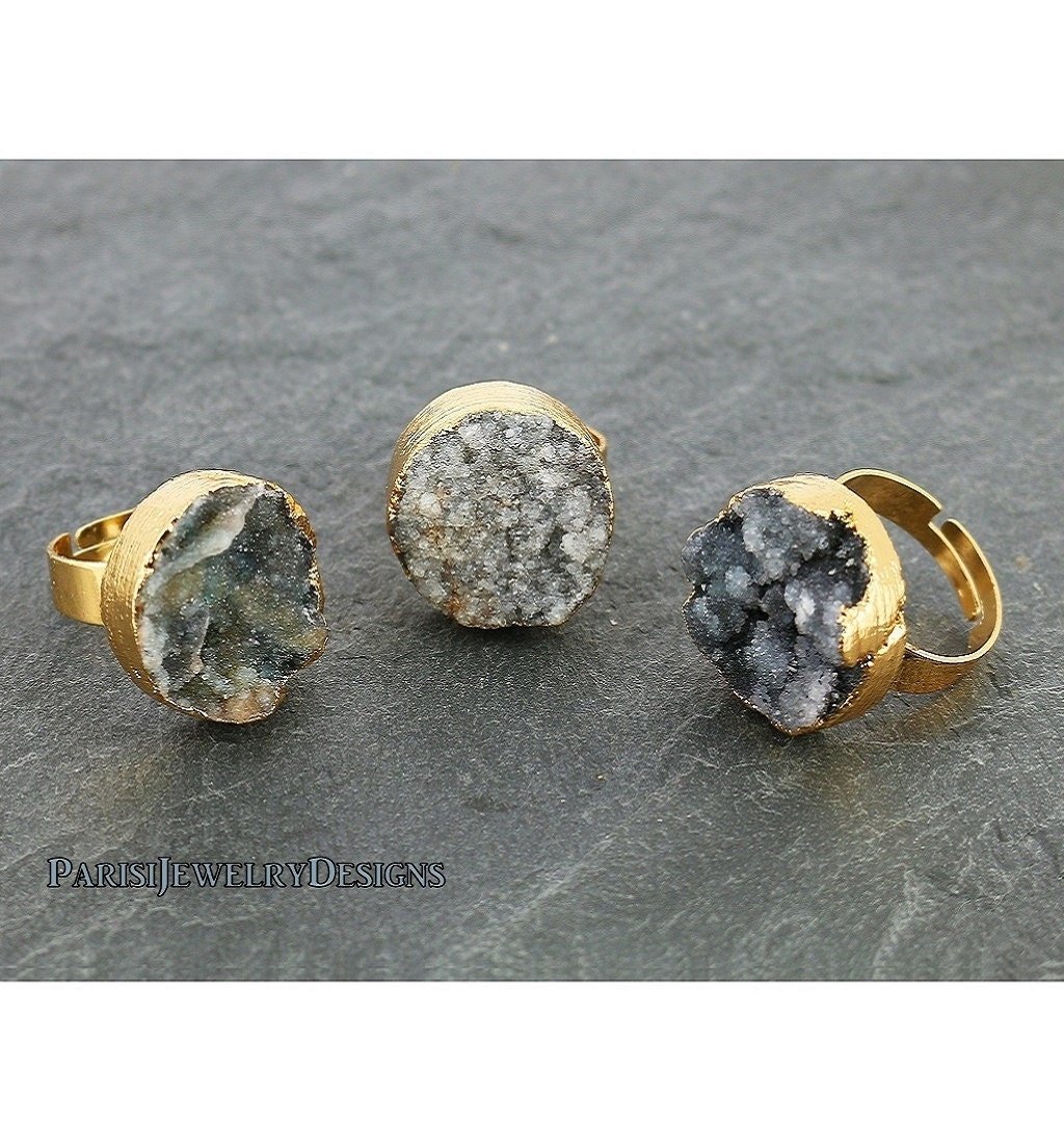 Black Agate Druzy Adjustable Ring •  Raw Gemstone Stone • Boho Statement Jewelry • Round Mineral Gem 20mm