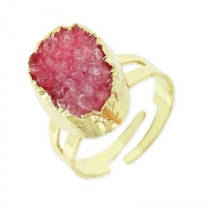 Natural Gemstone Raw Druzy Ring / Rose Pink Agate Stone / Boho Rings/  Statement Adjustable Ring / Mineral / Oval 16mm Gold  Bohemian