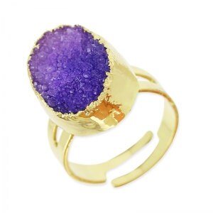 Purple Agate Gemstone Druzy Ring / Raw Stone Gold  Bohemian Jewelry / Statement Adjustable Ring / Mineral Gem / Oval 16mm