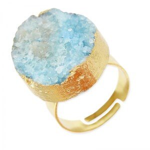 Raw Druzy Ring •  Pale Blue Agate Stone • Boho Rings • Statement Adjustable Ring • Natural Gemstone Mineral • Round 20mm Gold