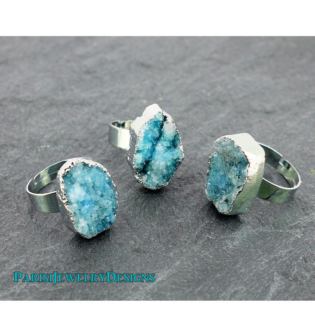 Natural Gemstone Statement Raw Druzy Ring •  Grey/Blue Agate Stone • Boho Ring • Adjustable Ring 13 x 16 mm • Mineral Gem •