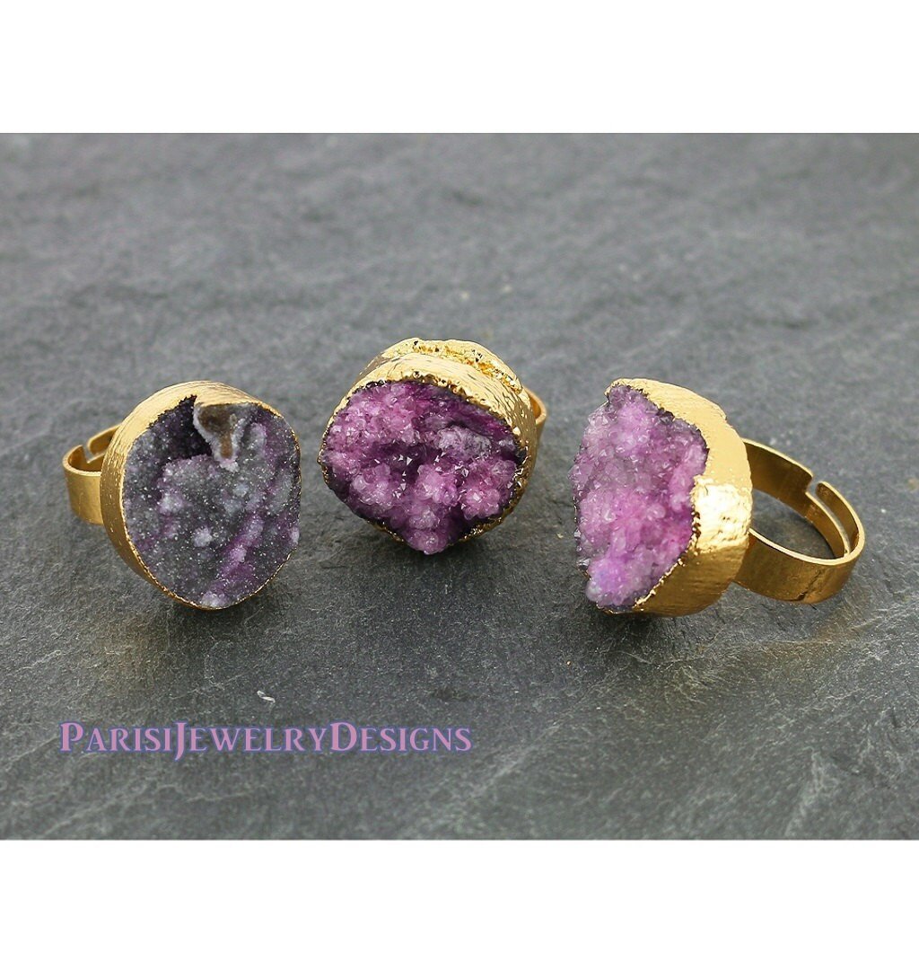 Raw Druzy Ring • Light Purple Agate Stone • Boho Cuff Rings • Band Statement Adjustable Ring • Natural Gemstone • Round 20mm Gold • 363