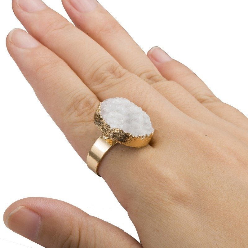 Crystal Gemstone Druzy Ring, Raw White Agate Stone Jewelry, Statement Adjustable Boho Ring, Mineral Oval 16mm Gold, Boho