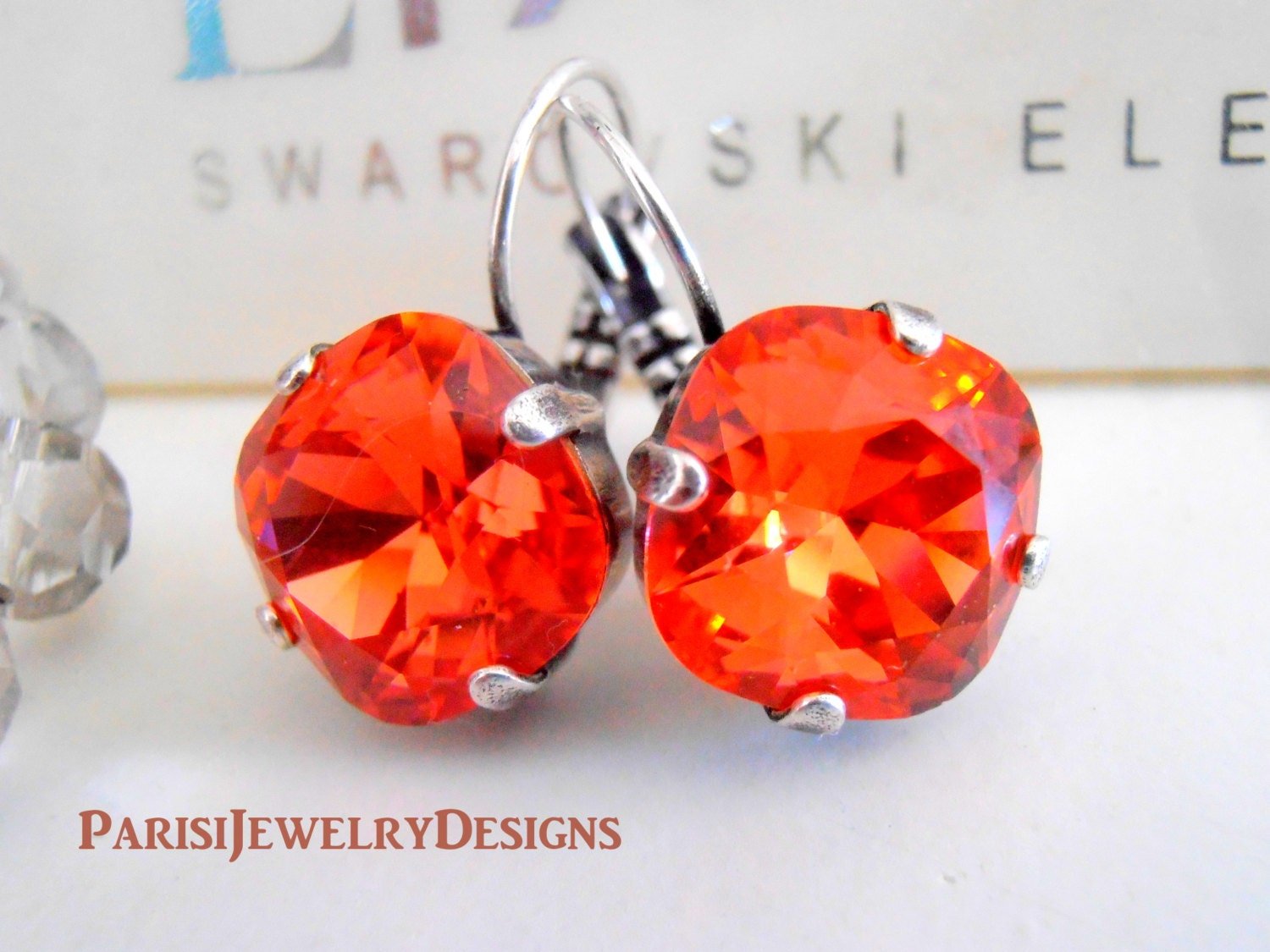 Padparadscha Cushion Cut Drop Earrings 12mm, Orange Crystals 4470, Antique Silver Jewelry, Anniversary Gift for her