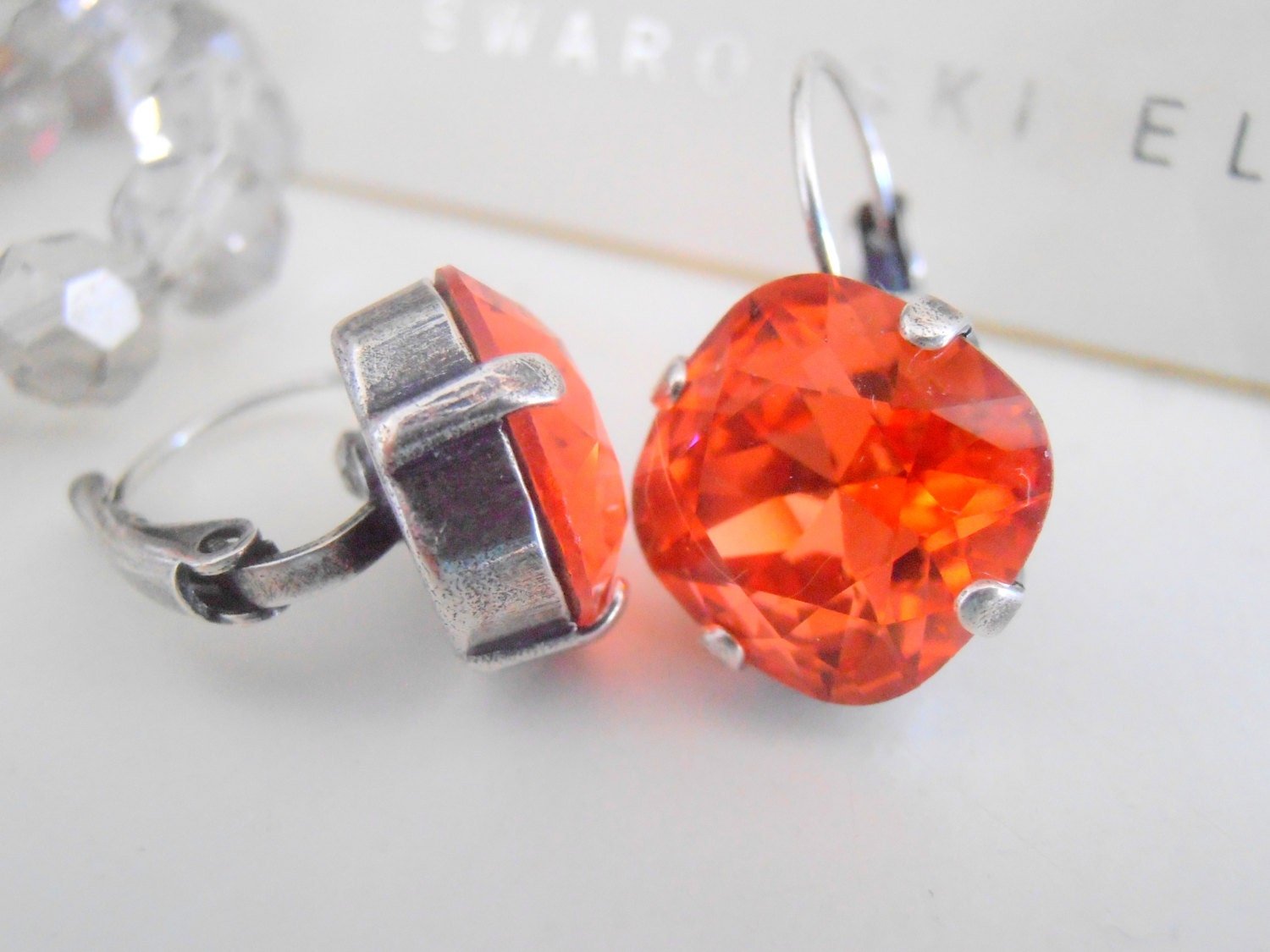 Padparadscha Cushion Cut Drop Earrings 12mm, Orange Crystals 4470, Antique Silver Jewelry, Anniversary Gift for her