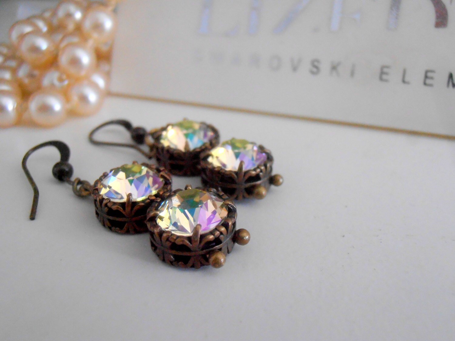 Luminous Green Bronze Drop Earrings with  Crystals / Art deco Fancy Jewelry / Birthday Gift / Vintage Dangle Hooks /