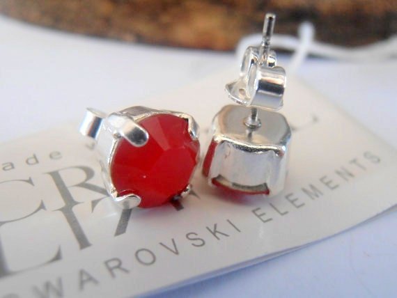 Red Coral crystal stud earrings / Post / Pierced Earrings / 925 Sterling Silver plated / Gift for her / costume jewelry