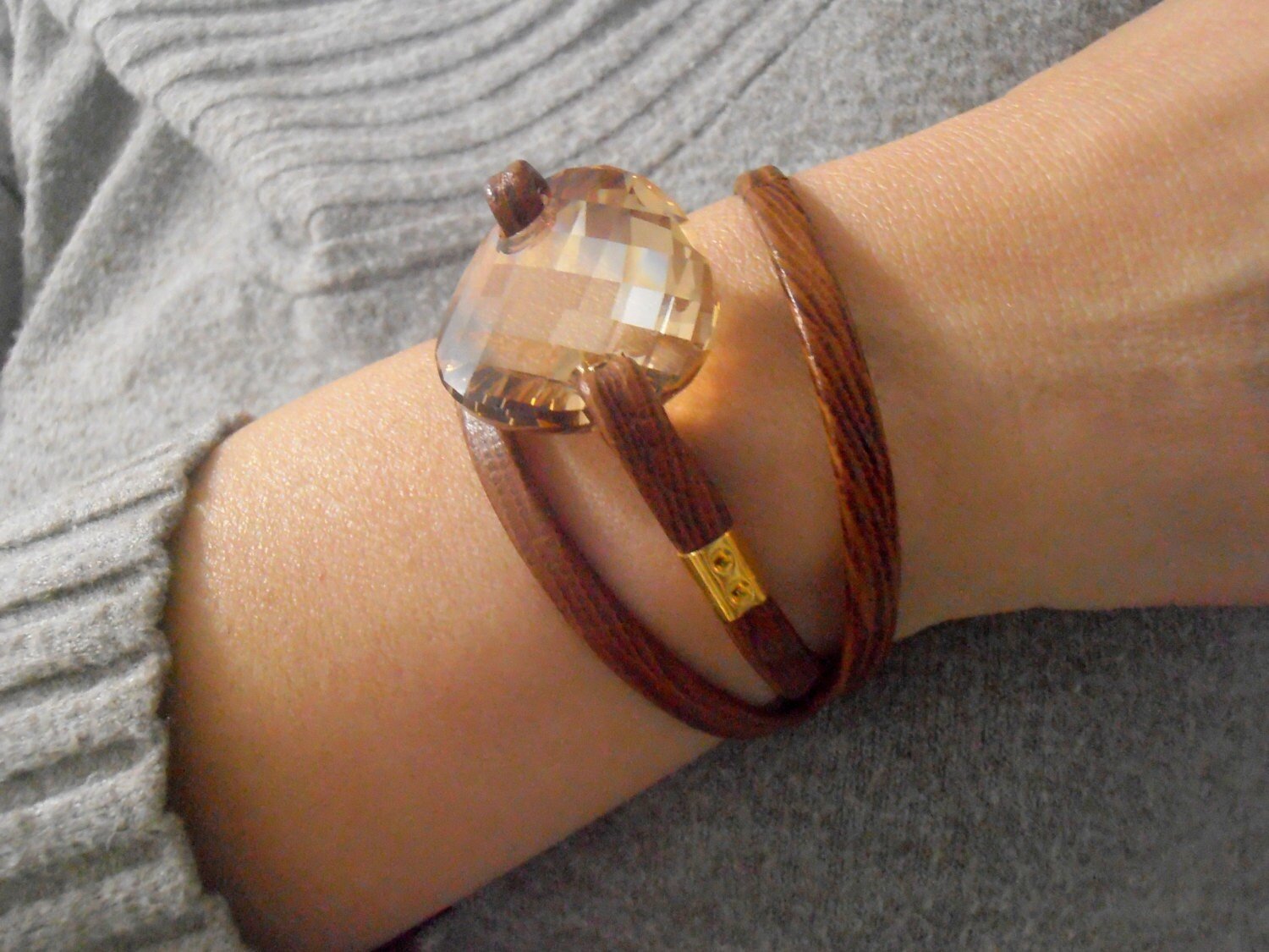 Brown Leather Double Wrap Cuff Bracelet | Statement Crystal Jewelry for Girls