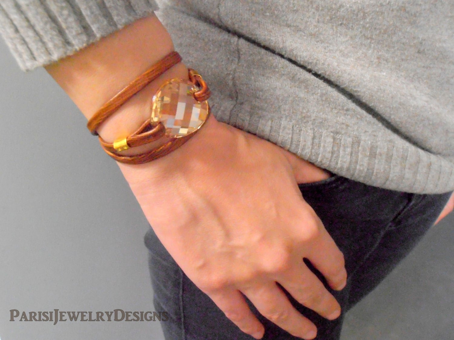 Brown Leather Double Wrap Cuff Bracelet | Statement Crystal Jewelry for Girls