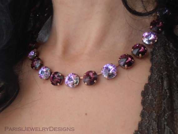 Amethyst Crystal Rivoli Necklace, Anna wintour collet, Tennis Cup chain Choker 12mm, Purple Multicolors, Birthday Gift