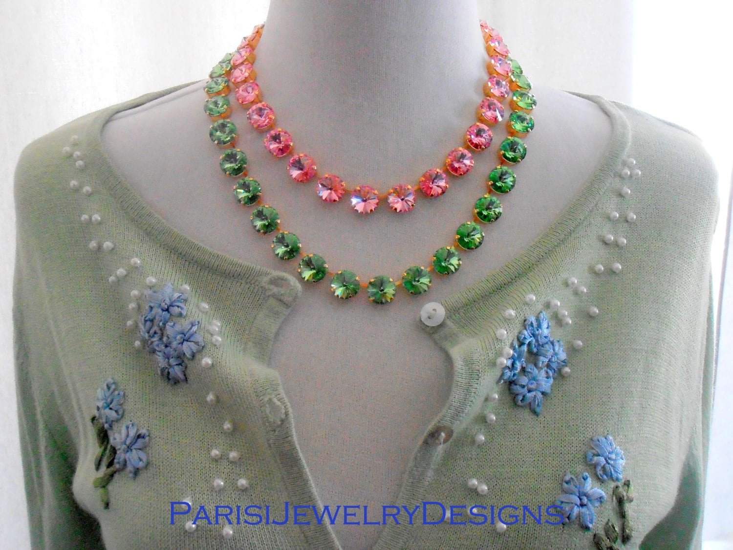 Peridot or Light Rose Gold Rivoli Necklace, Anna Wintour Style, Green Tennis Cup chain Choker, Pink Collet, Gift For Her