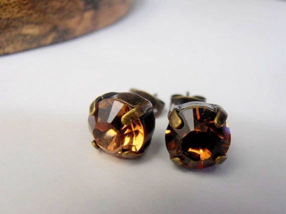 Light Smoked Topaz stud Earrings, Antique Bronze Jewelry, Post Pierce, 8mm Brown Crystal Chatons, Woman Gift