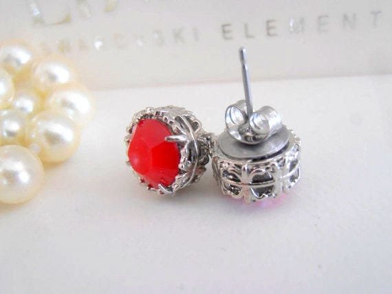 Handmade Red Coral Opal Filigree Post Earrings, Crystal Pierced Studs, Art Deco Platinum Jewelry, Prom Girl Gift