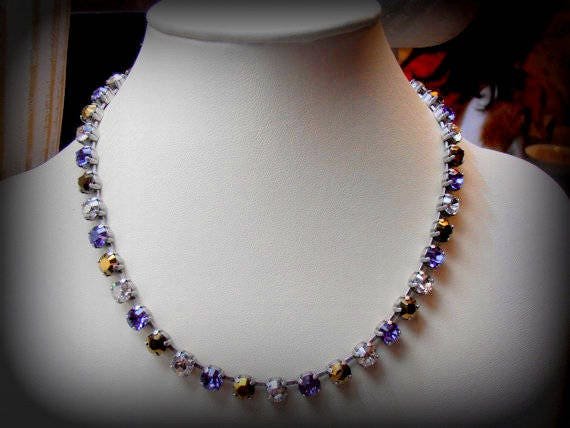 Multicolor Tanzanite Crystal Tennis Necklace, Chatons Collet, Cup chain Choker, Tanzanite Blue/Dorado Brown, Gift For Her