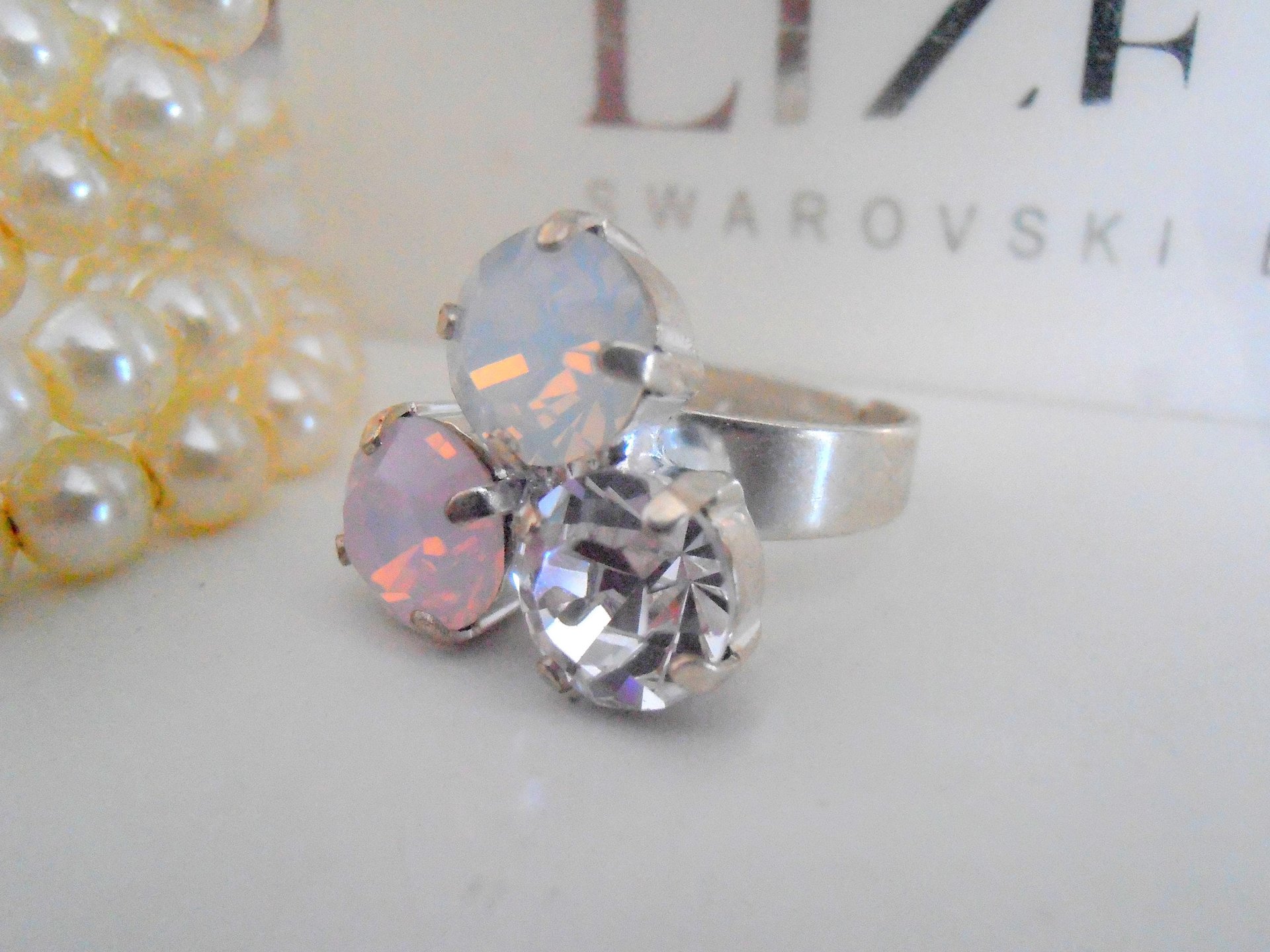 White Opal/Rose Water Opal Adjustable Ring with  Round Chatons / Silver Stacking Multi stone Crystal Ring / Birthday Gift