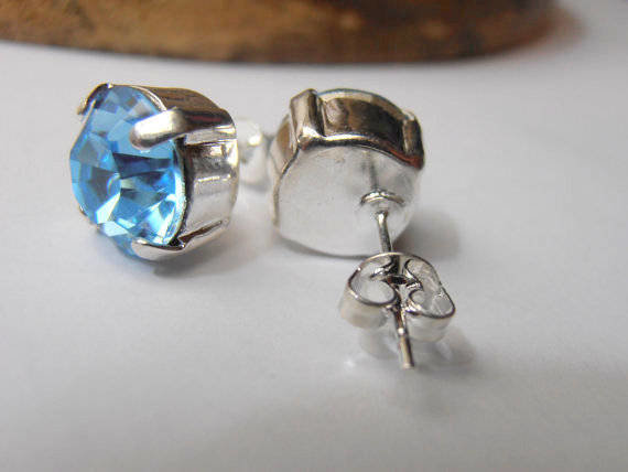 Blue Aquamarine Crystal Stud Earrings in Silver Plating