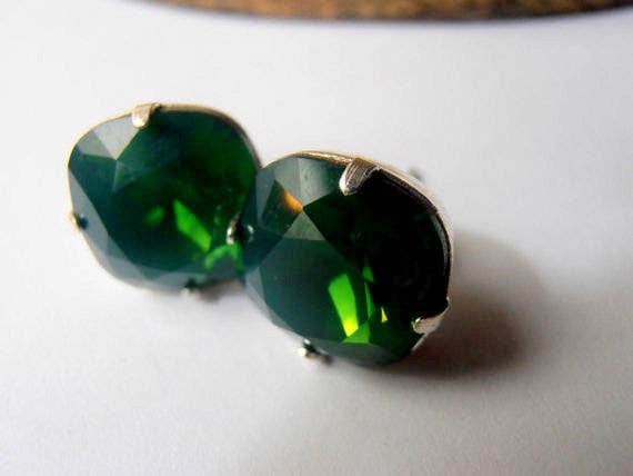 Palace Green Opal Stud Earrings / Cushion Cut / Post Pierced Studs / 4470 12mm Crystal Square / Bohemian / Boho Gifts