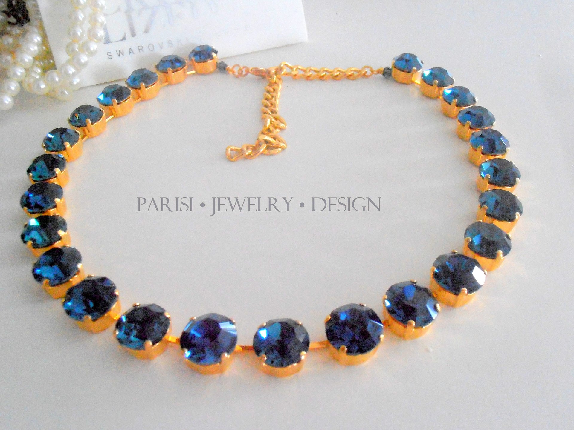 Dark Sapphire Collet Necklace, Georgian Crystal Choker, SS45 Gold Cup chain Jewelry, Tennis Necklace, Birthday gift for her