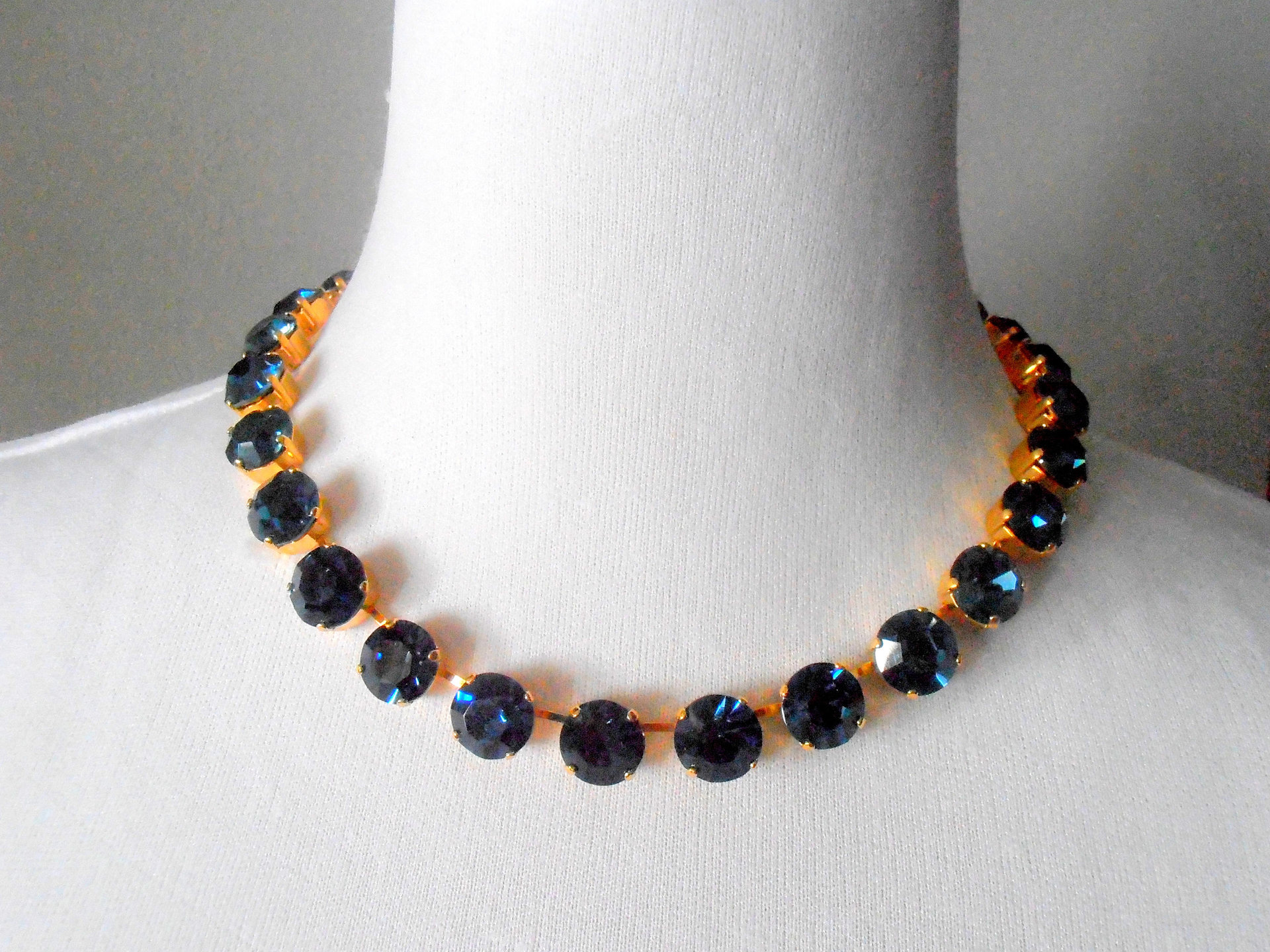 Dark Sapphire Collet Necklace, Georgian Crystal Choker, SS45 Gold Cup chain Jewelry, Tennis Necklace, Birthday gift for her