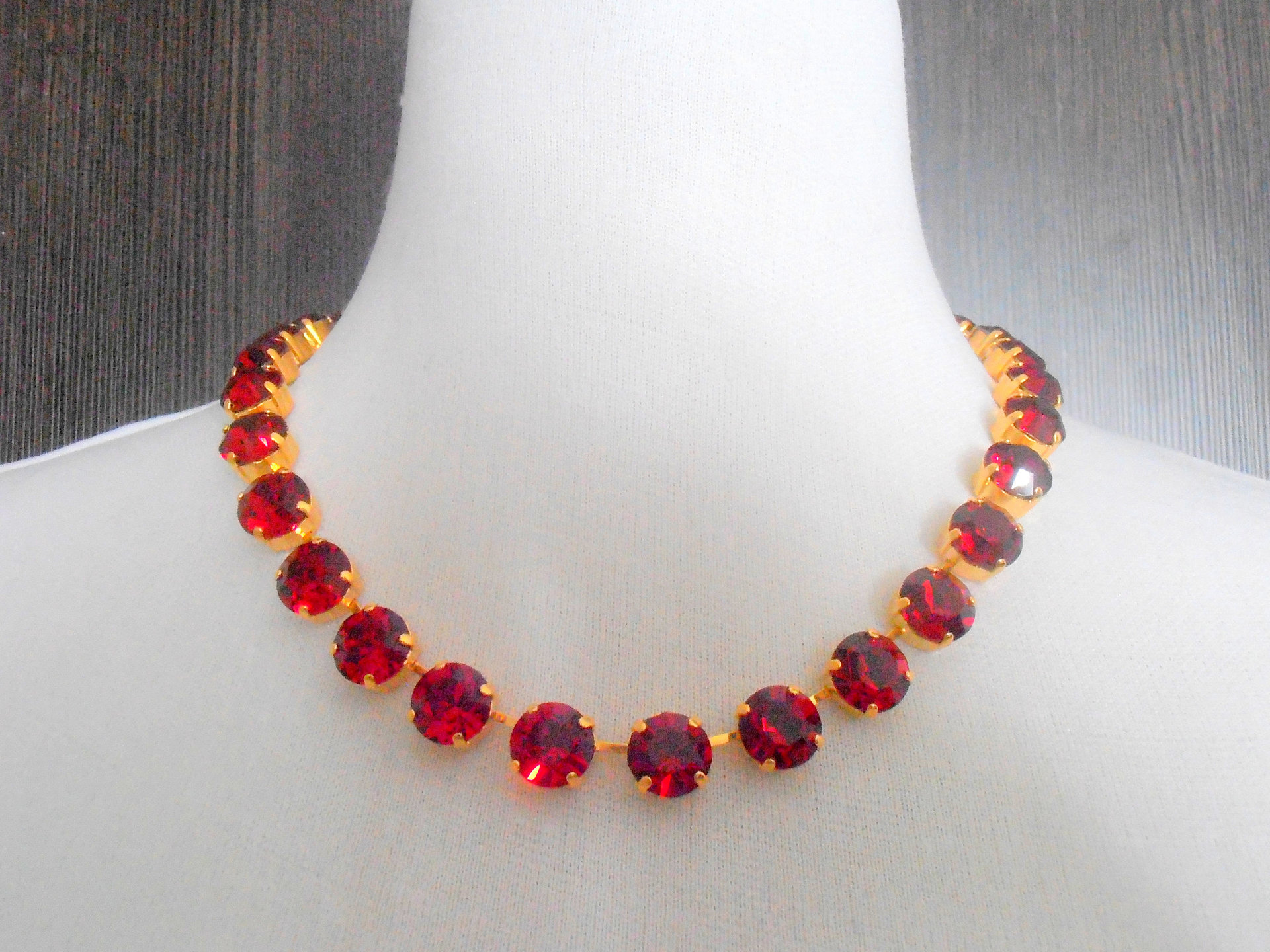 Red Ruby Crystal choker necklace, Georgian collet, Tennis gold cup chain setting, Birthday gift