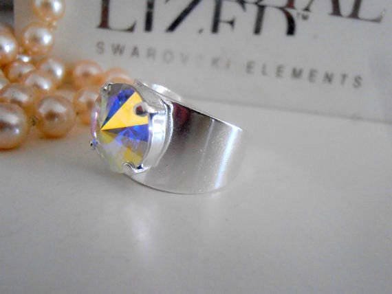 Aurora Borealis Rivoli Cuff Ring / AB Crystal / Adjustable Statement Band Ring / Jewelry for Birthday Gift