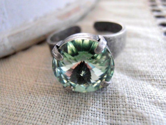 Chrysolite Adjustable Band Ring / Round Rivoli Green Crystal / Cuff Rings / 12mm Antique Silver Jewelry / Birthday Gift