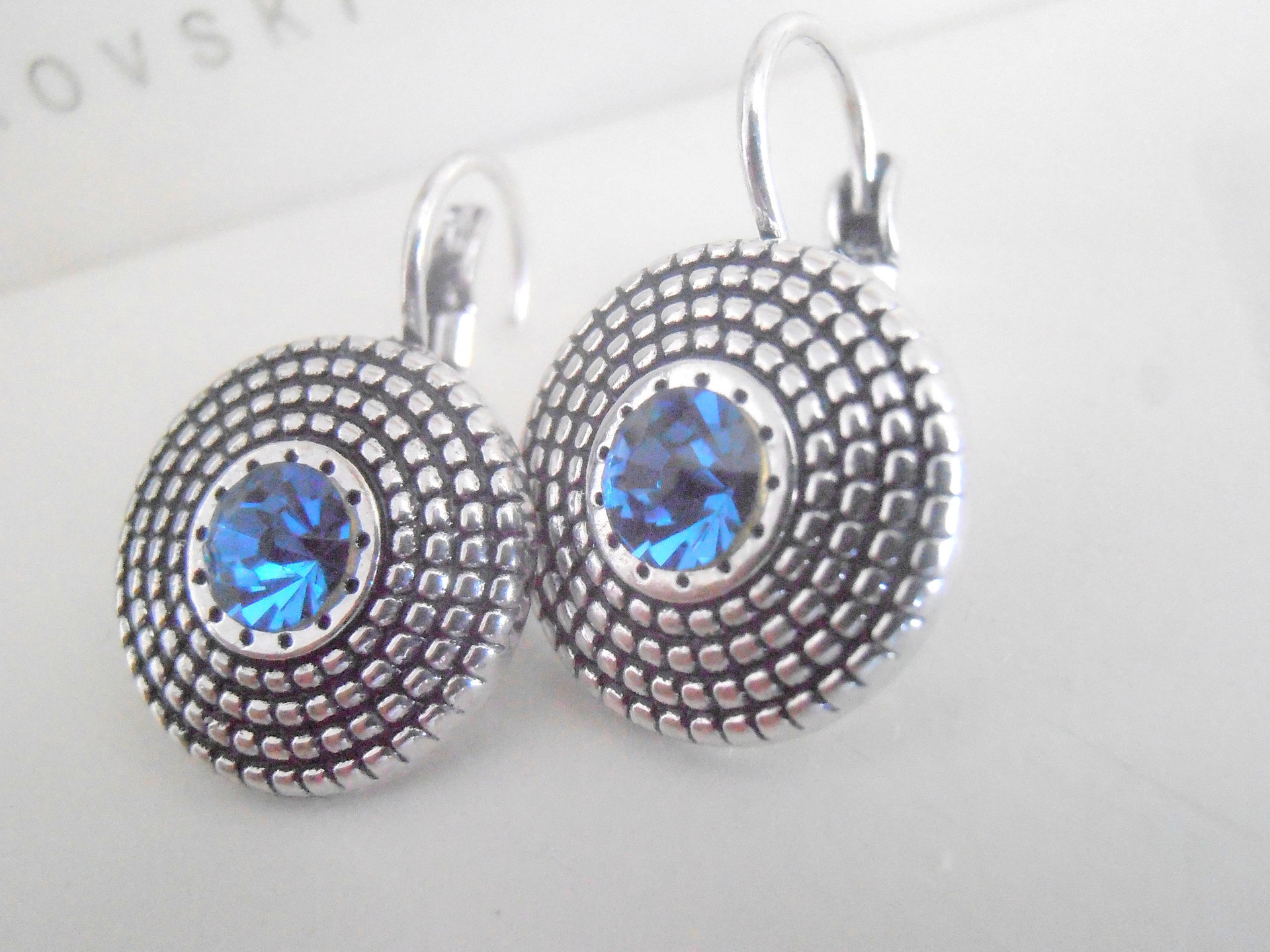 Blue Sapphire Antique Silver Disc Earrings / Bohemian Jewelry / Pewter Dangle Setting / Birthday Gift