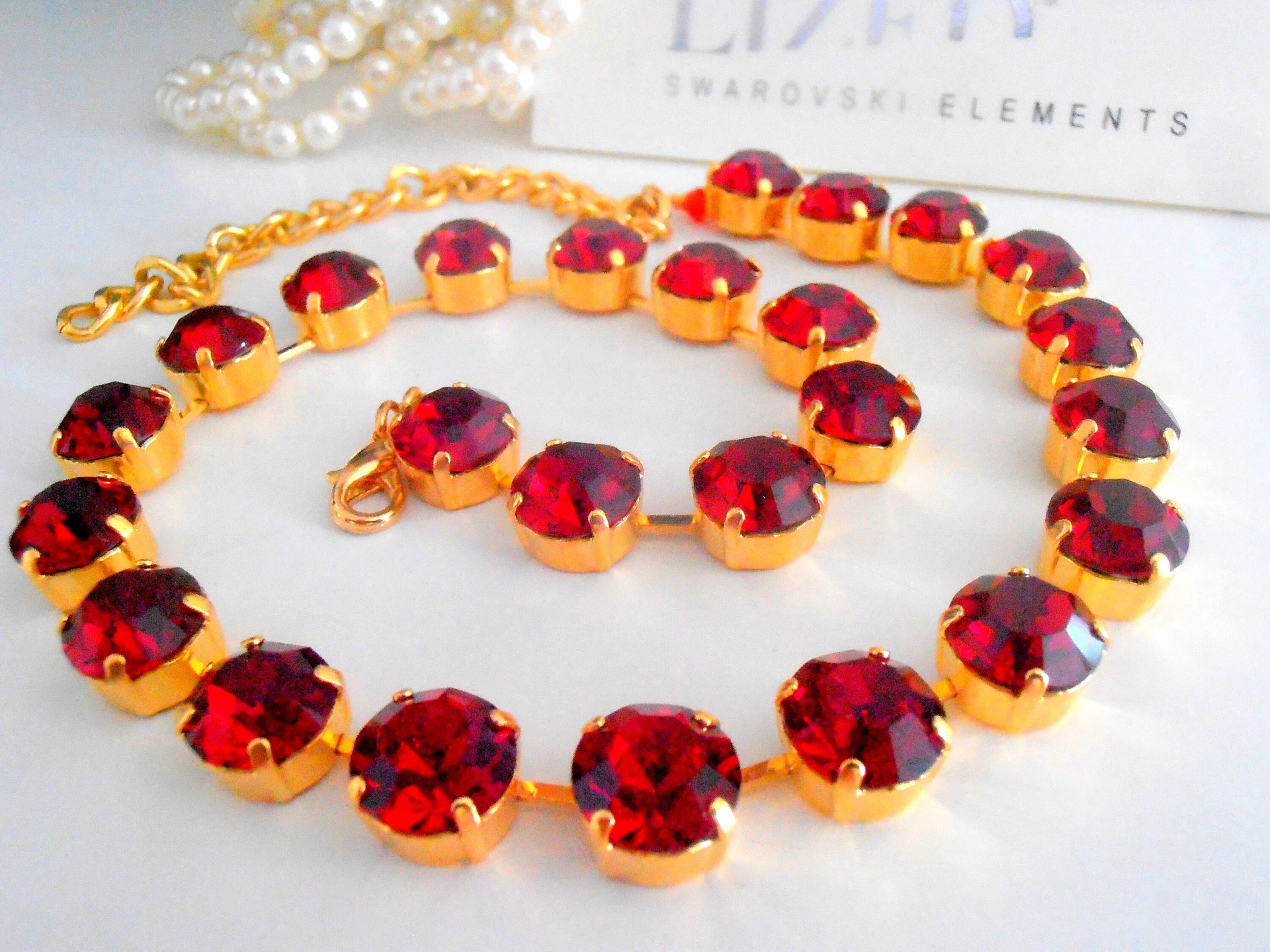 Red Ruby Crystal choker necklace, Georgian collet, Tennis gold cup chain setting, Birthday gift