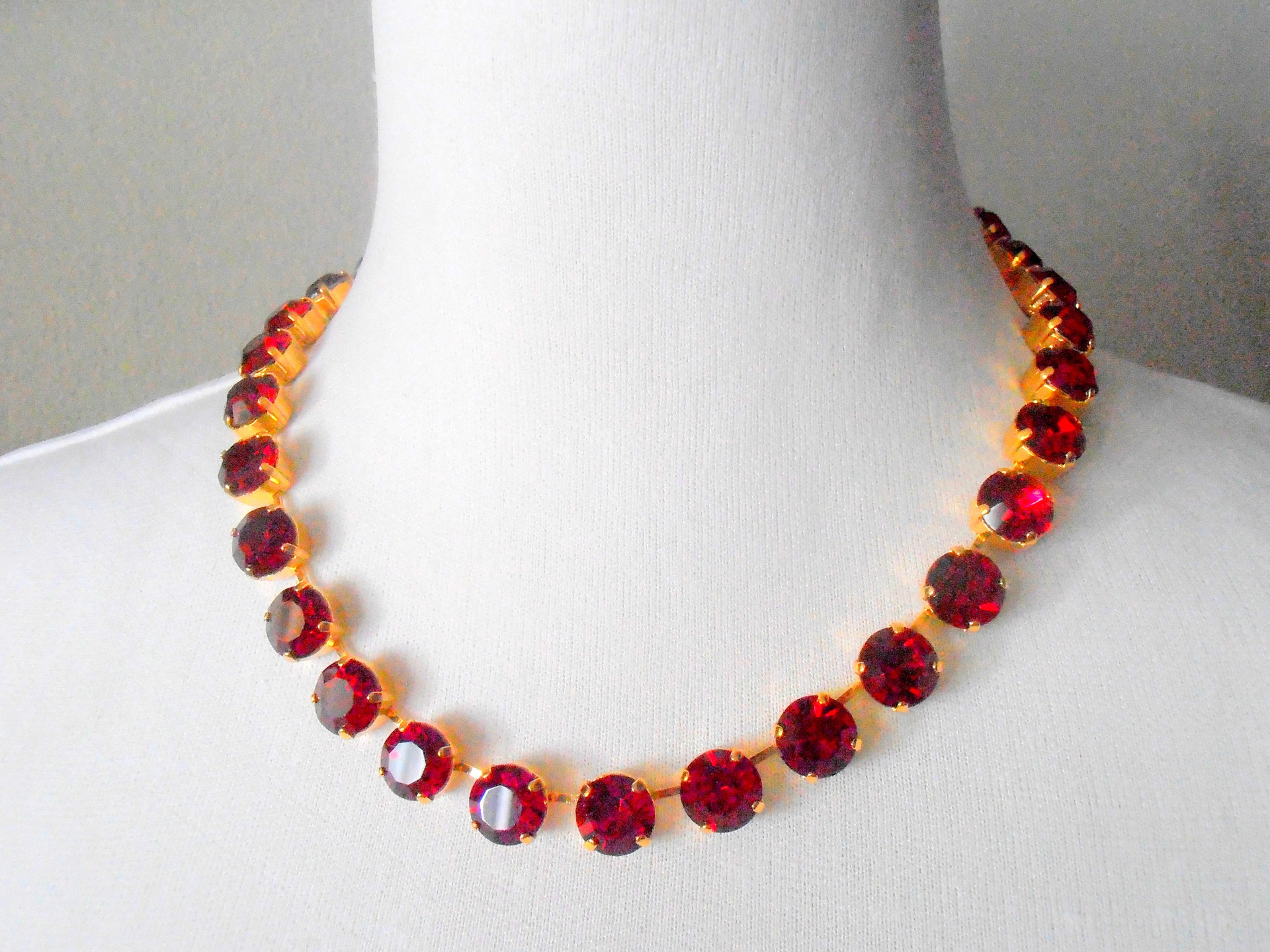 Red Ruby Crystal choker necklace, Georgian collet, Tennis gold cup chain setting, Birthday gift