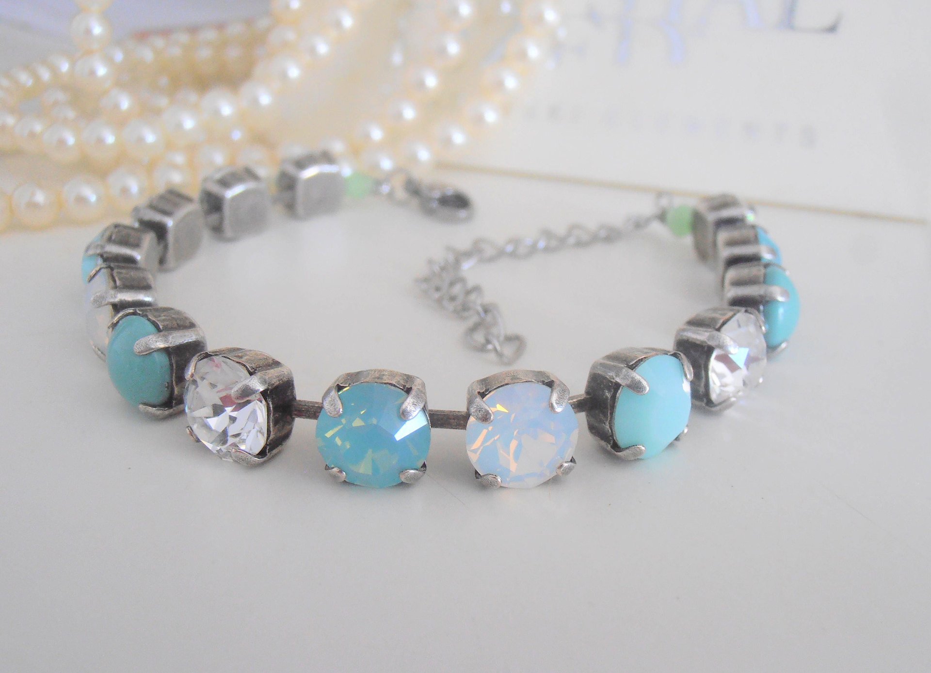 Mint Crystal Tennis Bracelet / Pacific Opal Chatons / Antique silver Jewelry / Round Cup chain / Fashion Accessories